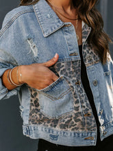 Load image into Gallery viewer, Distressed Leopard Drop Shoulder Denim Jacket