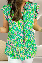 Load image into Gallery viewer, Ruffled Printed Tie Neck Cap Sleeve Blouse