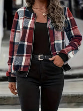 Load image into Gallery viewer, Plus Size Plaid Baseball Collar Zip Up Jacket