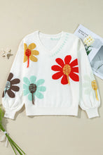 Load image into Gallery viewer, Flower V-Neck Dropped Shoulder Sweater