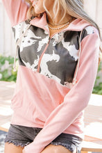 Load image into Gallery viewer, Cow Print Half Zip Drawstring Hoodie