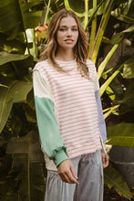 Load image into Gallery viewer, BiBi Exposed Seam Slit Striped Round Neck T-Shirt