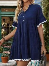 Load image into Gallery viewer, Contrast Trim Notched Short Sleeve Mini Dress