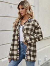Load image into Gallery viewer, Leopard Trim Plaid Collared Neck Long Sleeve Shirt