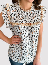 Load image into Gallery viewer, Ruffled Printed Mock Neck Cap Sleeve Blouse