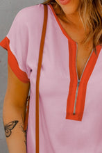 Load image into Gallery viewer, Contrast Half Zip Short Sleeve Top