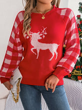 Load image into Gallery viewer, Reindeer Plaid Round Neck Long Sleeve Sweater