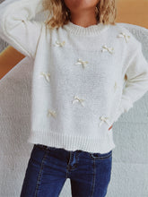 Load image into Gallery viewer, Bow Trim Round Neck Long Sleeve Sweater