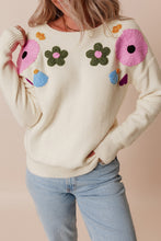 Load image into Gallery viewer, Crochet Flower Round Neck Dropped Shoulder Sweater
