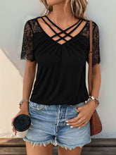 Load image into Gallery viewer, Lace Detail V-Neck Short Sleeve T-Shirt