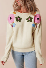 Load image into Gallery viewer, Crochet Flower Round Neck Dropped Shoulder Sweater