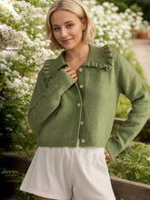 Load image into Gallery viewer, Frill Button Up Collared Neck Long Sleeve Cardigan