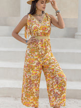 Load image into Gallery viewer, Printed V-Neck Tie Shoulder Jumpsuit