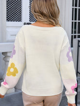 Load image into Gallery viewer, Flower Round Neck Dropped Shoulder Sweater