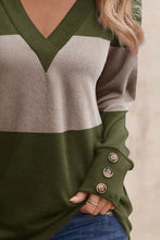 Load image into Gallery viewer, Decorative Button Contrast V-Neck Long Sleeve T-Shirt