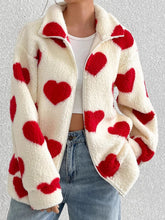 Load image into Gallery viewer, Heart Zip Up Drop Shoulder Furry Jacket