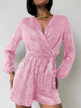 Load image into Gallery viewer, Full Size Sequin Surplice Tie Waist Long Sleeve Romper