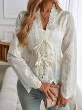 Load image into Gallery viewer, Devine Tied Frill V-Neck Long Sleeve Lace Top