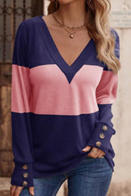 Load image into Gallery viewer, Decorative Button Contrast V-Neck Long Sleeve T-Shirt