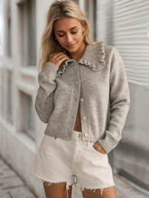 Load image into Gallery viewer, Frill Button Up Collared Neck Long Sleeve Cardigan