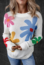 Load image into Gallery viewer, Flower Round Neck Dropped Shoulder Sweater