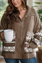 Load image into Gallery viewer, Zip Up Long Sleeve Geometric Cardigan