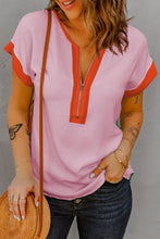 Load image into Gallery viewer, Contrast Half Zip Short Sleeve Top