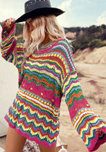 Load image into Gallery viewer, Openwork Contrast Round Neck Flare Sleeve Knit Top
