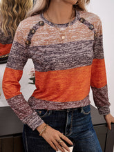 Load image into Gallery viewer, Decorative Button Contrast Round Neck Long Sleeve T-Shirt