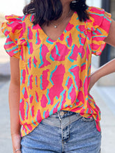 Load image into Gallery viewer, Ruffled Printed V-Neck Cap Sleeve Blouse