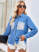 Load image into Gallery viewer, Raw Hem Button Up Long Sleeve Denim Jacket with Sequin Pockets