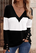 Load image into Gallery viewer, Decorative Button Contrast V-Neck Long Sleeve T-Shirt