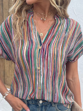 Load image into Gallery viewer, Striped Notched Short Sleeve Blouse