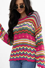 Load image into Gallery viewer, Openwork Contrast Round Neck Flare Sleeve Knit Top