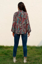 Load image into Gallery viewer, Tie Neck Heathered Balloon Sleeve Blouse