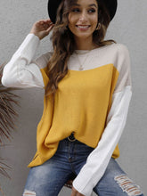 Load image into Gallery viewer, Color Block Round Neck Dropped Shoulder Sweater