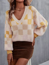 Load image into Gallery viewer, Checkered V-Neck Lantern Sleeve Sweater