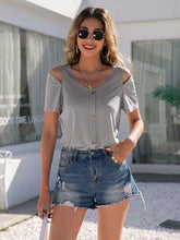 Load image into Gallery viewer, Decorative Button Round Neck Cold Shoulder T-Shirt