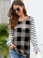 Load image into Gallery viewer, Plaid Striped Round Neck Long Sleeve T-Shirt
