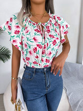Load image into Gallery viewer, Floral Tie Neck Flutter Sleeve Blouse