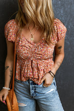 Load image into Gallery viewer, Drawstring Floral V-Neck Short Sleeve Blouse