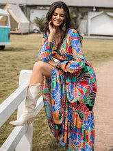 Load image into Gallery viewer, Printed Smocked Tie Neck Balloon Sleeve Maxi Dress