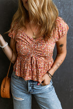 Load image into Gallery viewer, Drawstring Floral V-Neck Short Sleeve Blouse