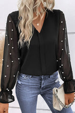Load image into Gallery viewer, Pearl Detail V-Neck Flounce Sleeve Blouse