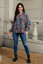 Load image into Gallery viewer, Tie Neck Heathered Balloon Sleeve Blouse