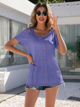 Load image into Gallery viewer, Decorative Button Round Neck Cold Shoulder T-Shirt