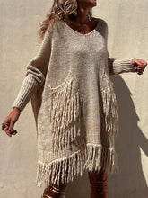 Load image into Gallery viewer, Fringe Detail Long Sleeve Sweater with Pockets