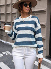 Load image into Gallery viewer, Striped Round Neck Dropped Shoulder Sweater
