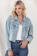 Load image into Gallery viewer, Distressed Pearl Trim Button Up Denim Jacket