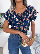 Load image into Gallery viewer, Floral Tie Neck Flutter Sleeve Blouse